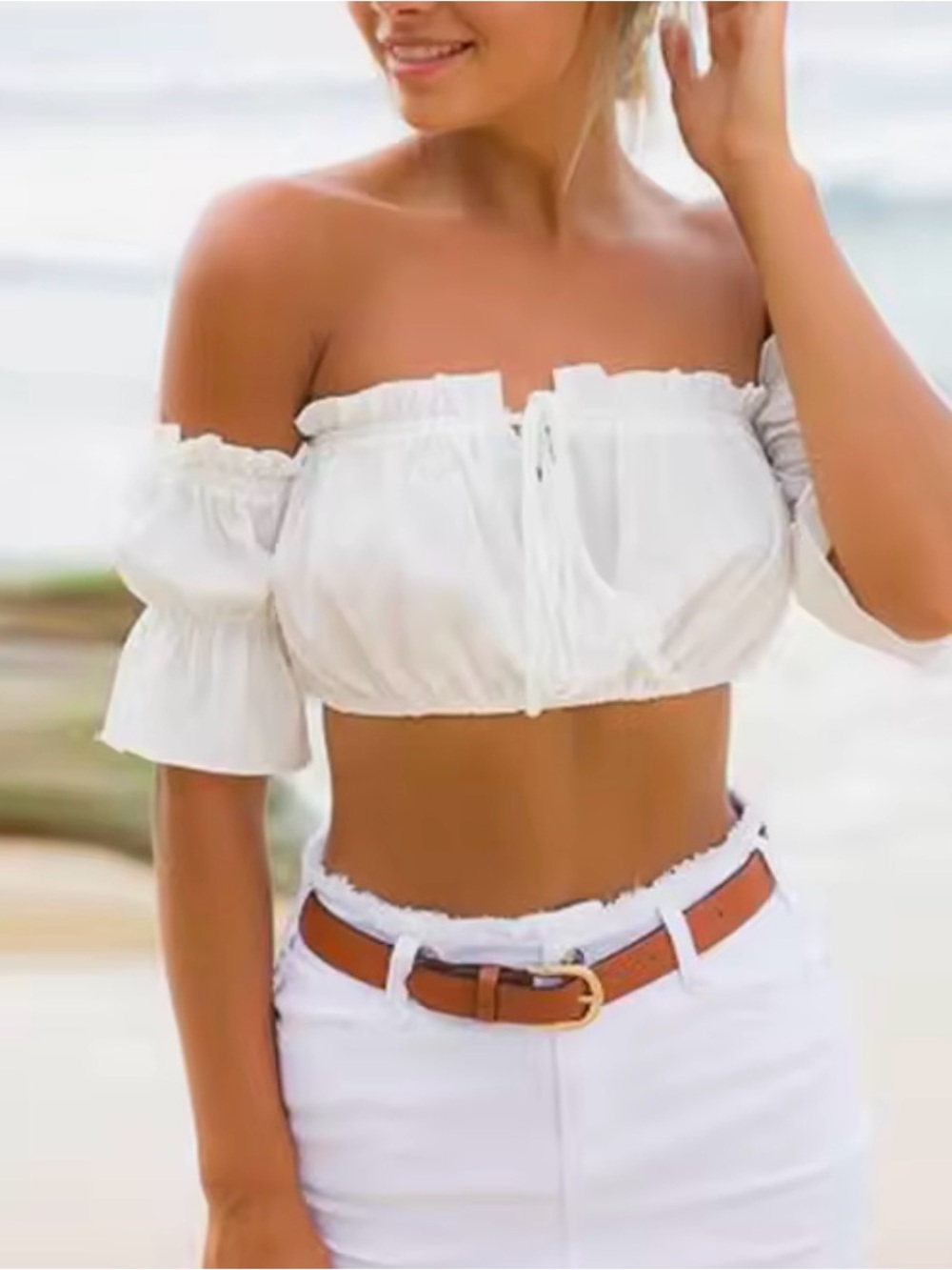 Off-Shoulder White Crop Top with Ruffle Trim